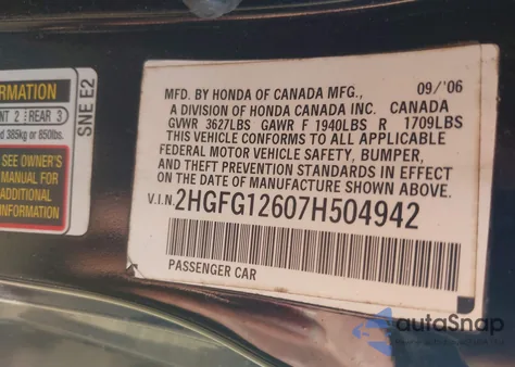 2007 Honda Civic Lx from USA, damaged, VIN 2HGFG12607H504942